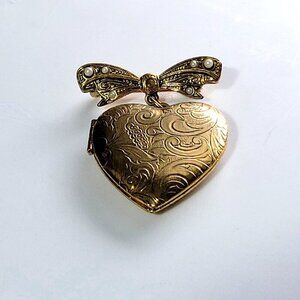 Heart Locket Pendant Brooch Pin Gold Tone Etched Floral Bow Design Faux Pearl